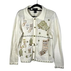 All Points Christmas Cardigan Bells Stockings Knit Cream Women's Size Medium